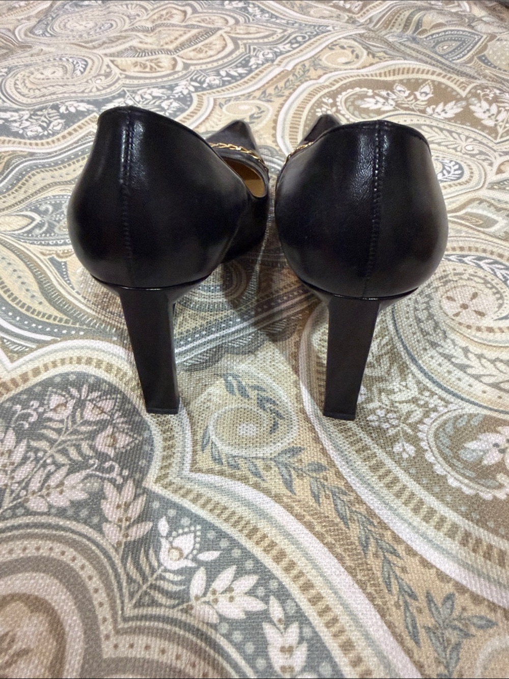 St. John Black Pointed Toe Pumps with Gold Chain Trim - Picture 3 of 5